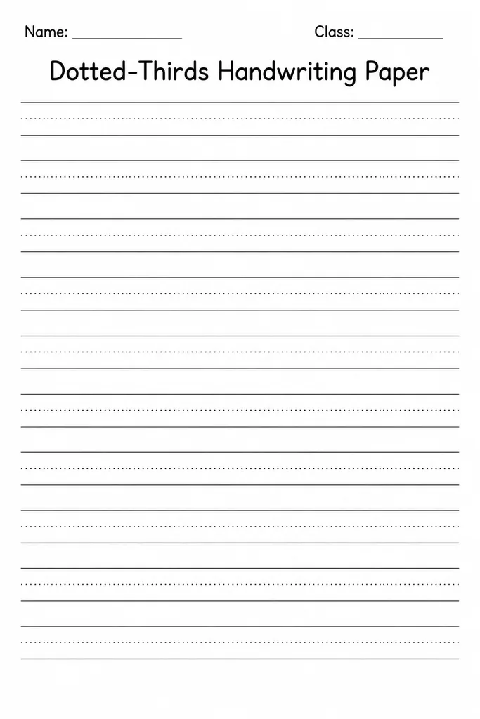 Blank dotted-thirds handwriting paper showing rows divided into three zones by dotted lines, used for Australian and UK foundation script practice in K–Grade 3