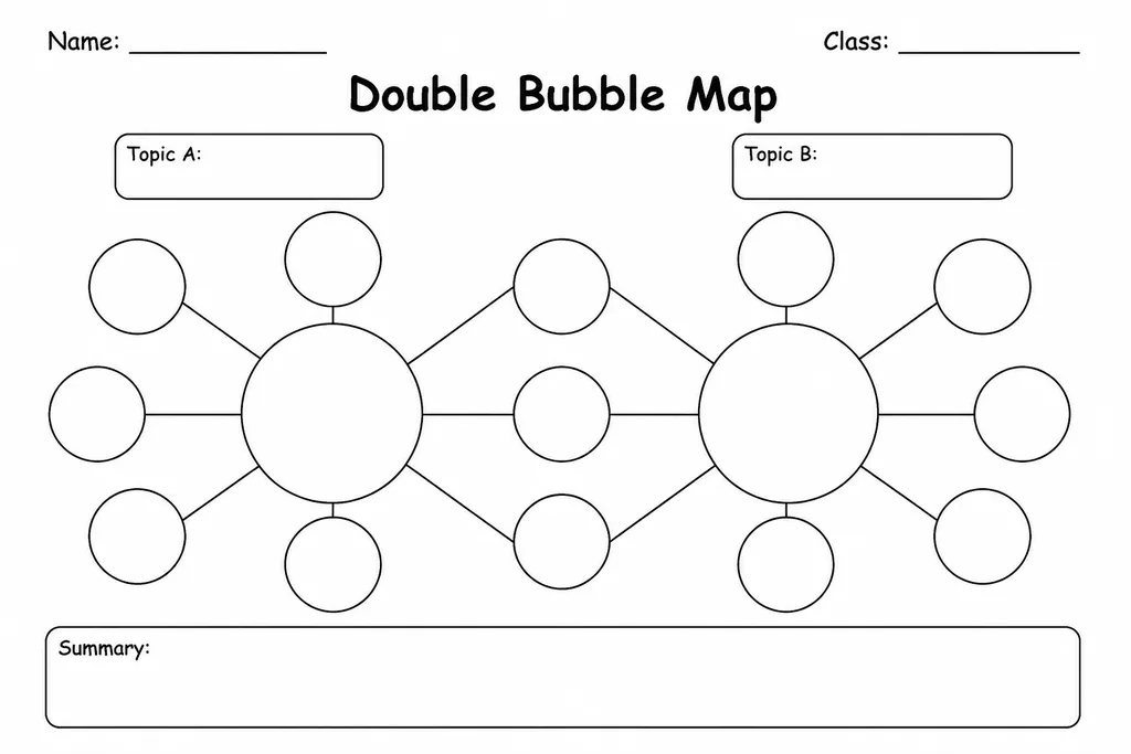 Blank printable double bubble map with two central circles and surrounding shared and unique attribute bubbles for comparing two subjects
