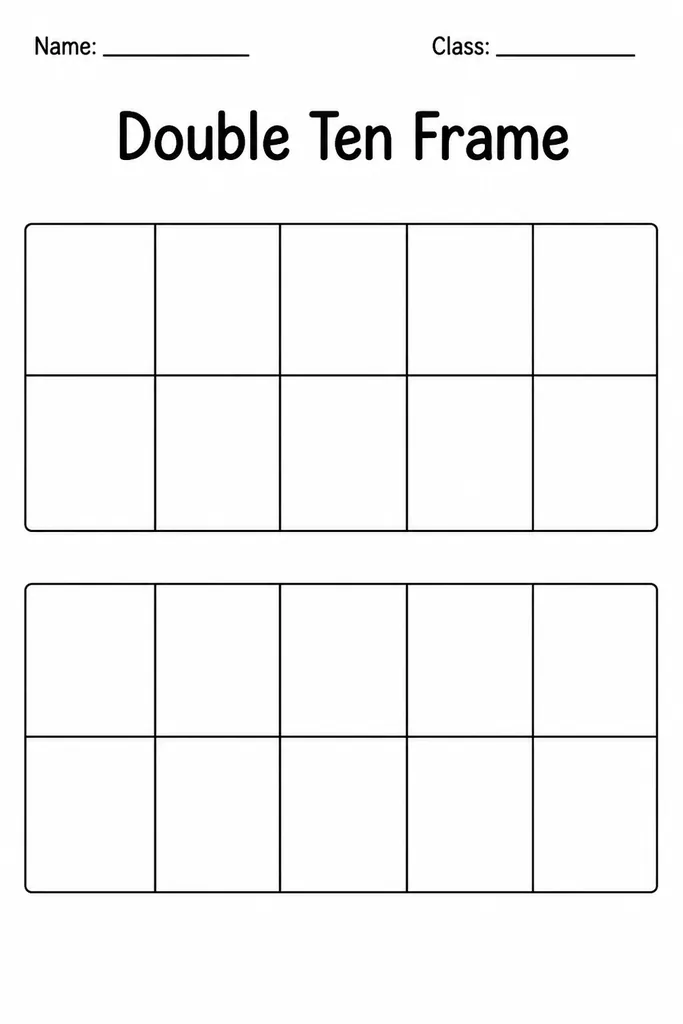 Blank printable double ten frame with two stacked 2×5 grids for representing numbers 11–20 and practicing make-a-ten strategies