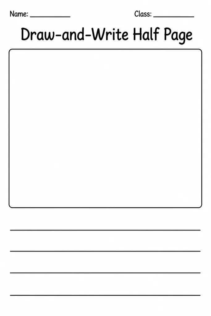 Free printable draw-and-write half page template with a large blank drawing box at the top and four wide writing lines below