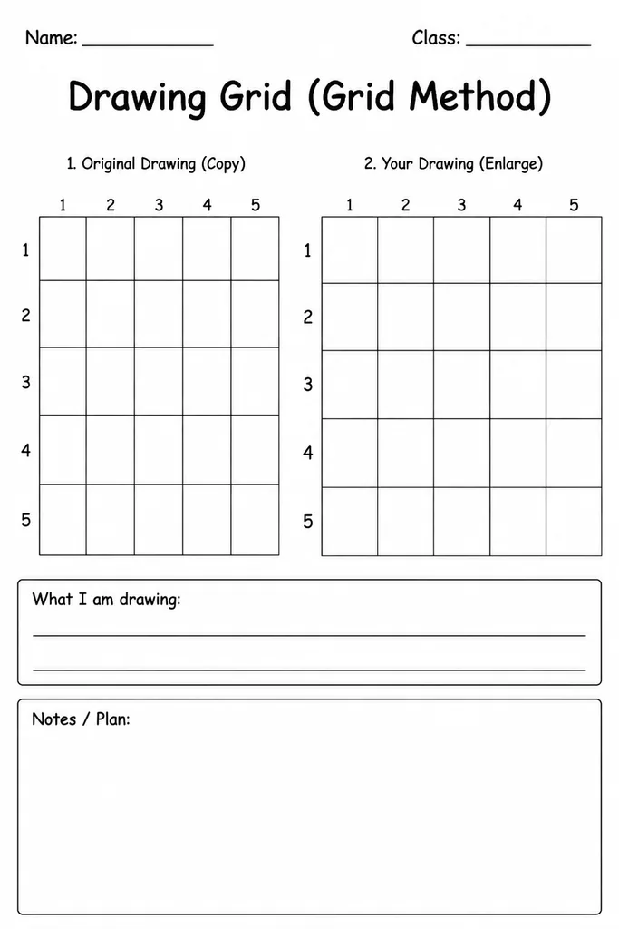 Free printable drawing grid template with numbered rows and lettered columns for the grid method of scaling and enlarging drawings, grades 3 to 8