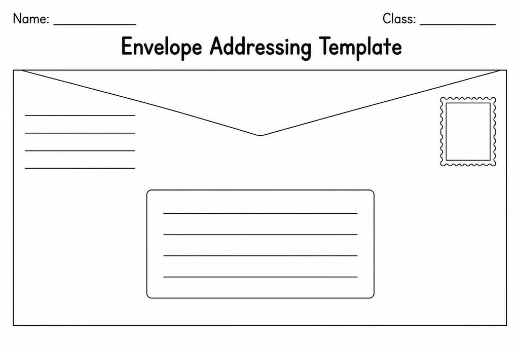 Blank printable envelope template with labelled return address top-left, recipient address centre, and stamp box top-right