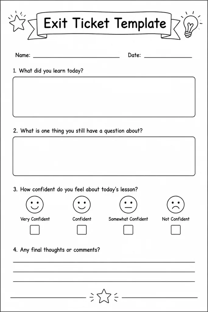 Printable exit ticket template showing multiple blank quick-check slips laid out on a single A4 sheet ready to cut