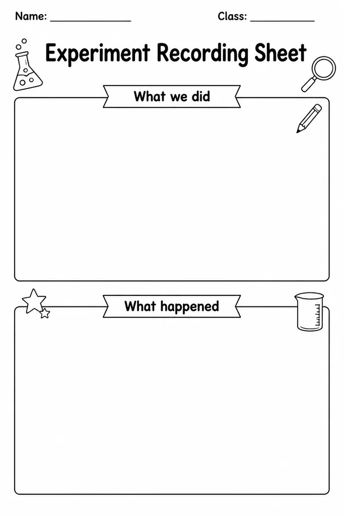 Blank printable Experiment Recording Sheet with two open sections labelled 'What we did' and 'What happened' for student science notes