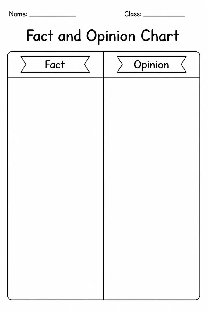 Blank two-column fact and opinion chart printable with 'Fact' and 'Opinion' headers for classroom use