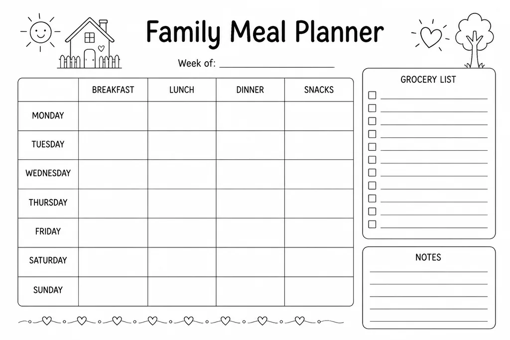Blank printable family meal planner with seven day columns and rows for breakfast, lunch, dinner, and snacks