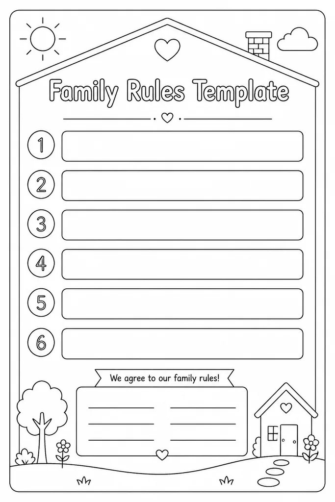 Blank family rules poster template with empty lined spaces for writing household rules and a signature area at the bottom