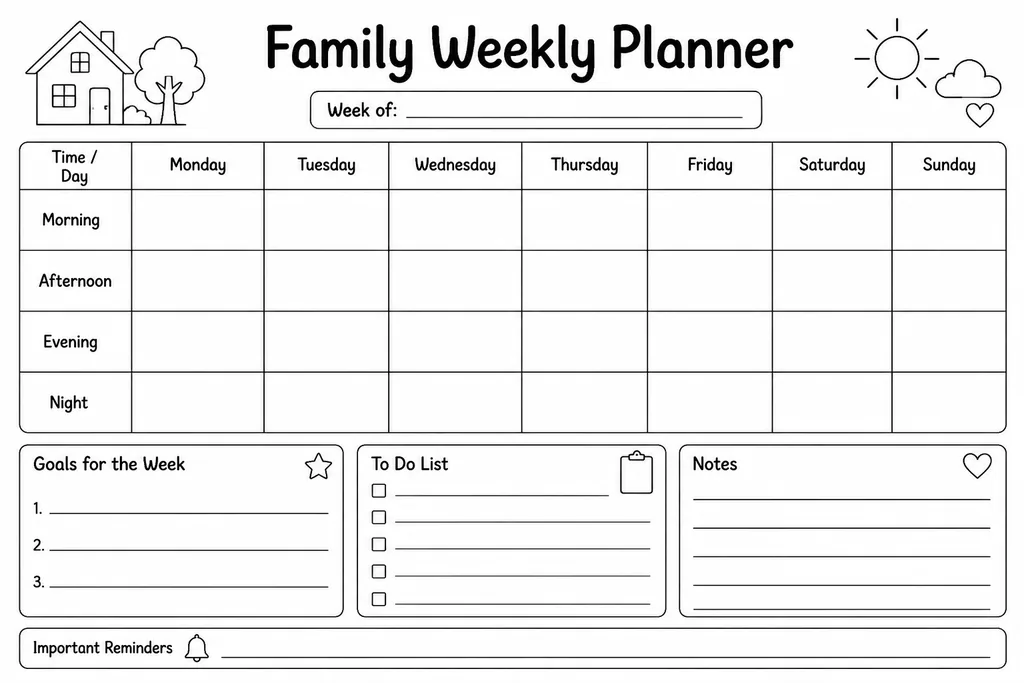 Blank printable family weekly planner grid with seven day columns and multiple rows per day for each family member's activities