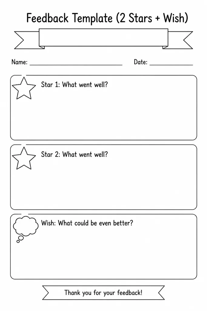 Blank printable 2 Stars + Wish feedback template with two star boxes and one wish box on white A4 paper