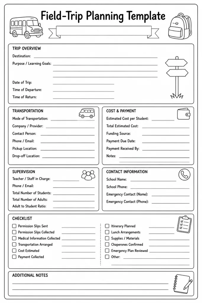 Blank printable field-trip planning template showing checklist sections for transport, permissions, chaperones, and day-of schedule