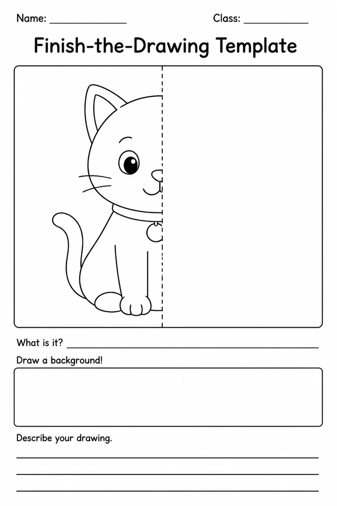 Blank finish-the-drawing printable template showing a partial starter image on white paper for students to complete creatively