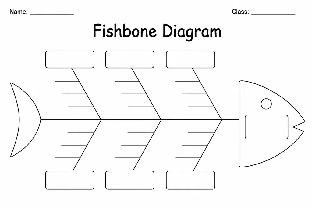 Blank printable fishbone diagram graphic organizer with fish-head effect box and labeled cause-category bones for classroom use