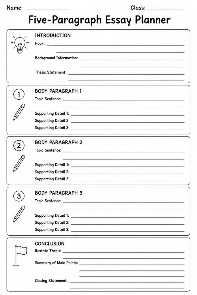 Blank printable five-paragraph essay planner divided into introduction, three body paragraph sections with topic sentence and detail lines, and a conclusion block