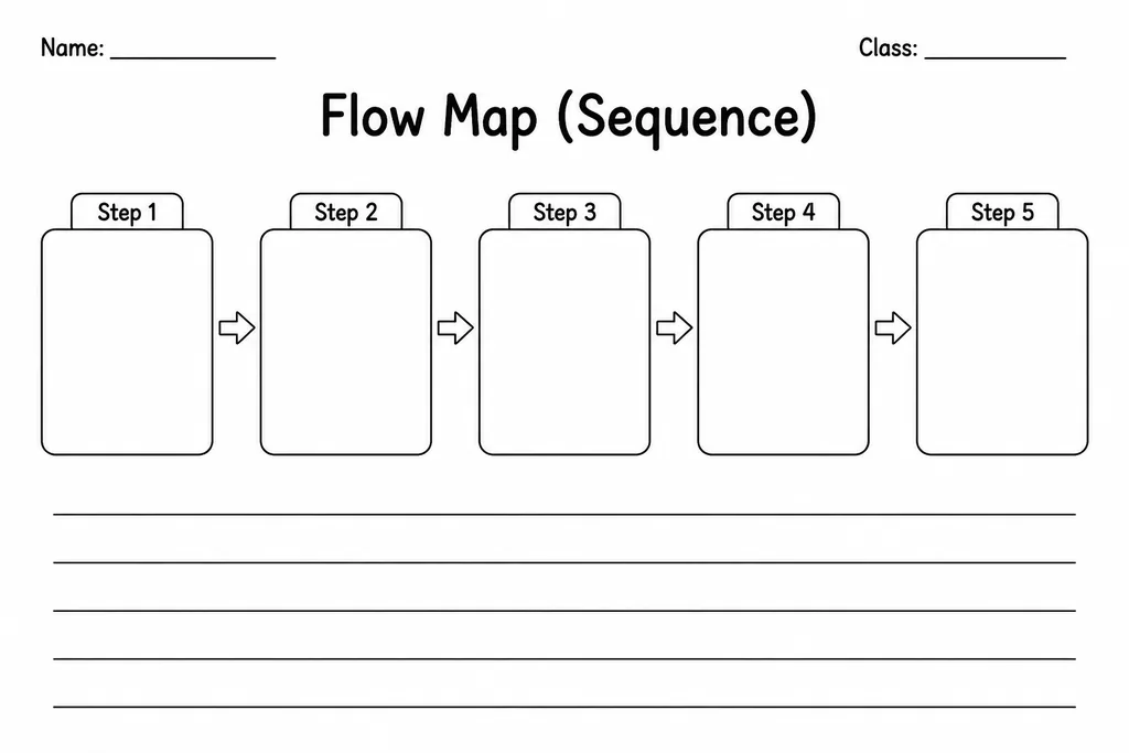 Blank printable flow map graphic organizer with six linked boxes and arrows for sequencing steps in order, grades 1–6