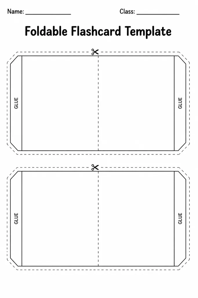 Blank printable foldable flashcard template with cut lines and fold lines ready for Spanish vocabulary words
