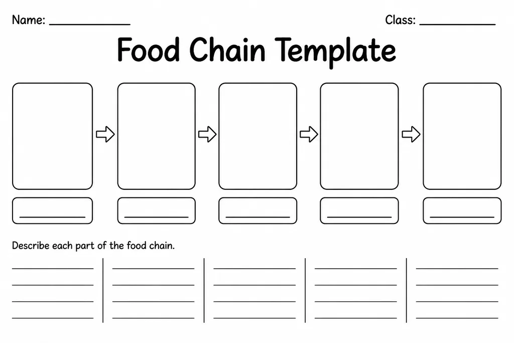 Blank printable food chain template with five empty boxes connected by directional arrows for students to fill in producers and consumers