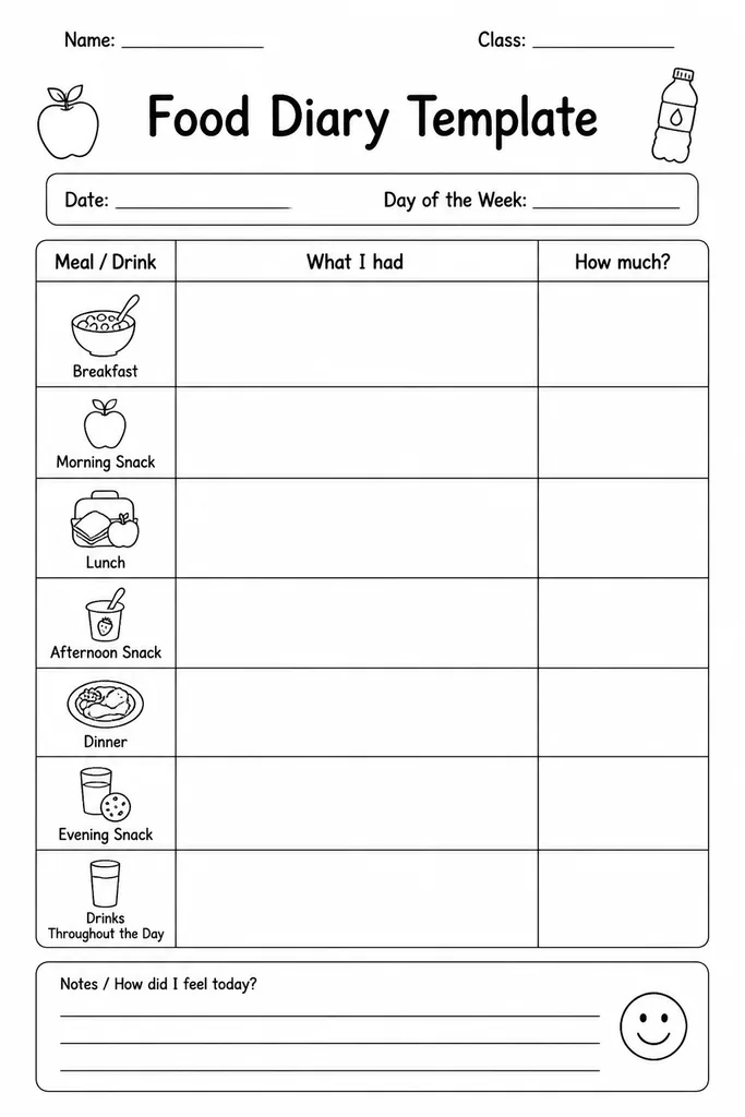Blank food diary template with rows for breakfast, lunch, dinner, and snacks and columns for food item, portion, time, and notes