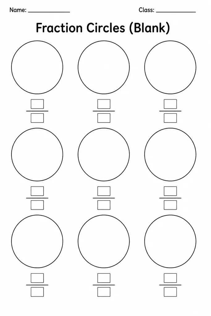 Printable blank fraction circles template with multiple same-sized empty circles arranged on a page for students to partition and label
