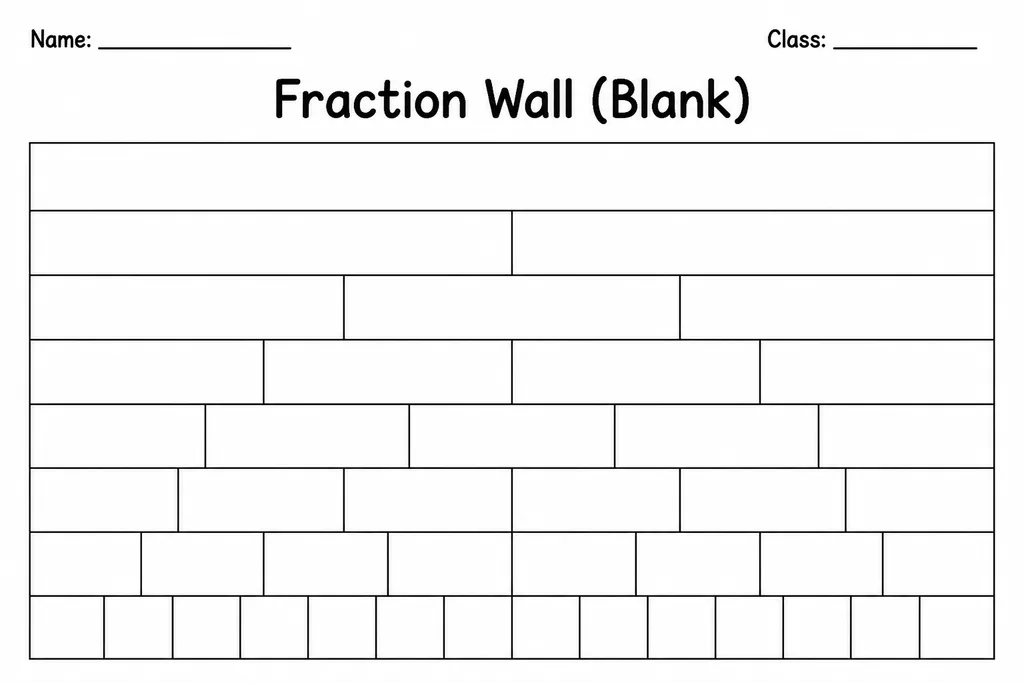 Printable blank fraction wall template showing stacked horizontal rows of equal width, empty and ready for students to divide and label