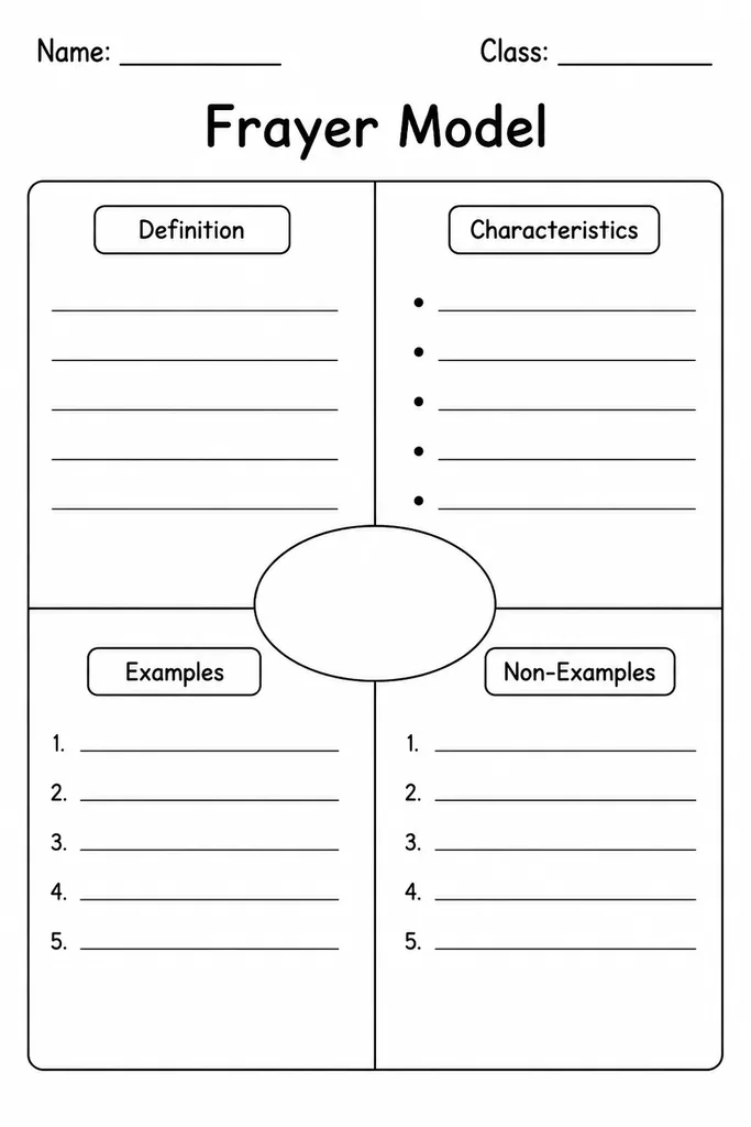 Blank Frayer Model printable with central oval for a vocabulary word and four quadrants for definition, characteristics, examples, and non-examples
