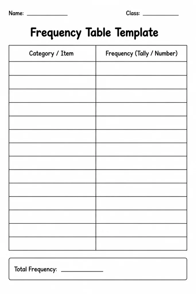 Blank printable frequency table template with columns for data values or intervals and frequency counts for maths and science lessons