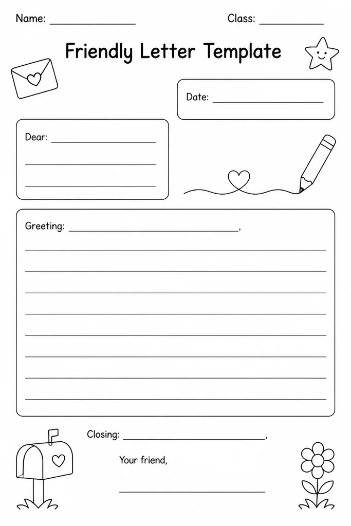 Blank friendly letter template with labelled date, greeting, body lines, closing and signature sections sized for primary handwriting