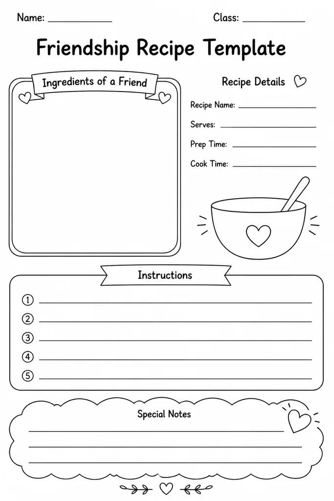 Blank printable friendship recipe template styled as a recipe card with ingredient lines and method section for students to describe a good friend