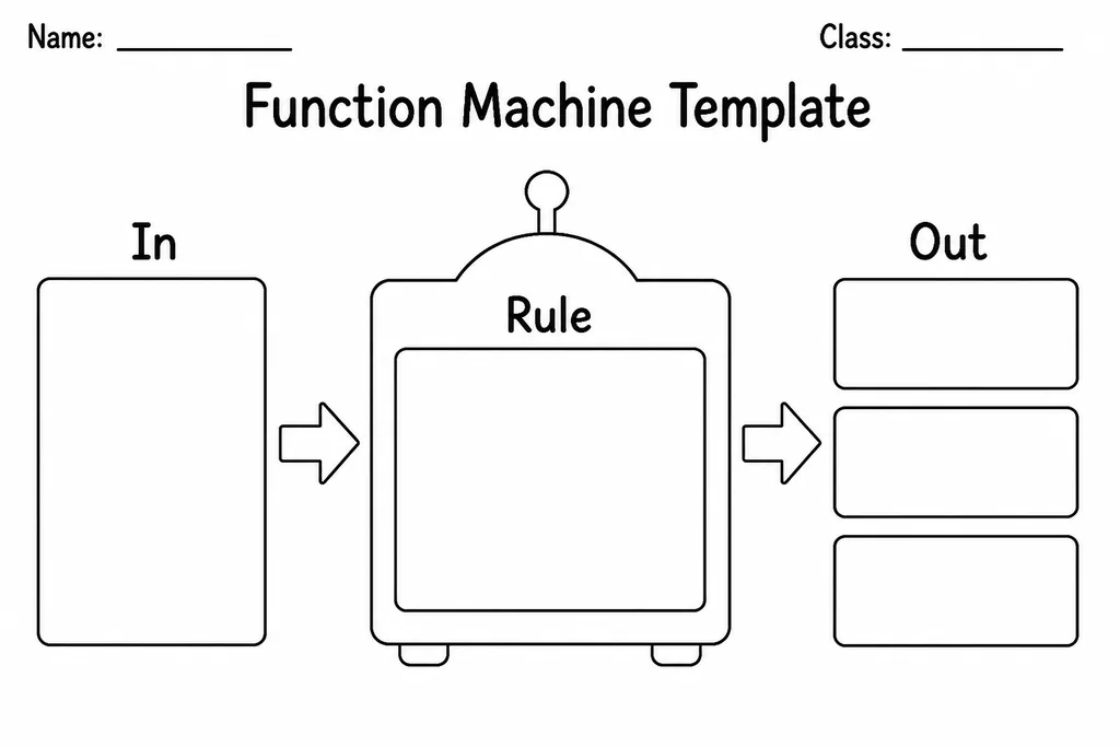 Blank function machine template printable with labelled input box, rule machine graphic, and output box plus an input-output table