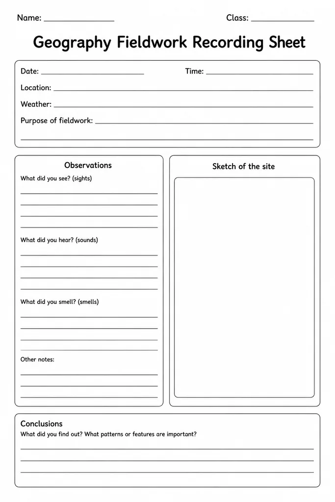 Blank printable geography fieldwork recording sheet with sketch box, observation columns, and location header for students grades 3 to 8