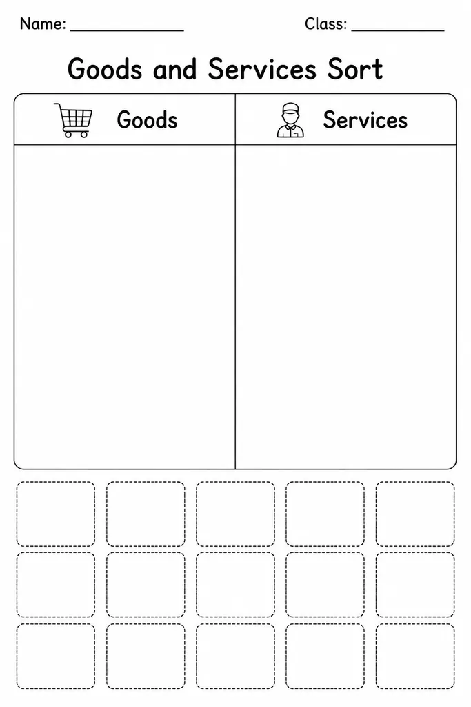 Blank printable goods and services two-column sorting template with empty rows for students in grades 1 through 5 to classify items
