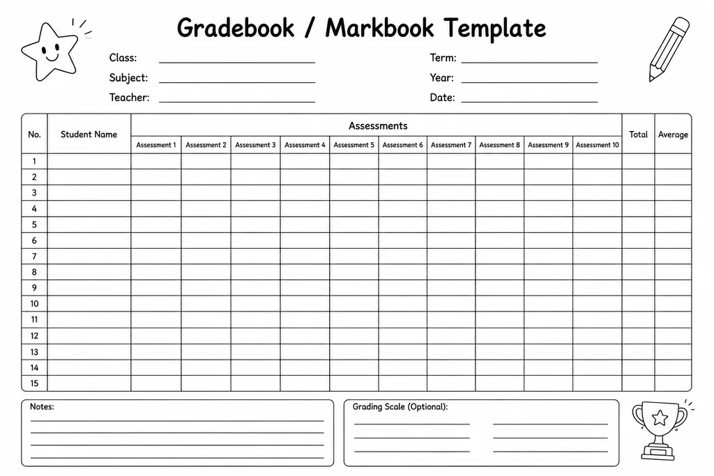 Blank printable gradebook template with student name column on the left and empty assessment score columns across the top