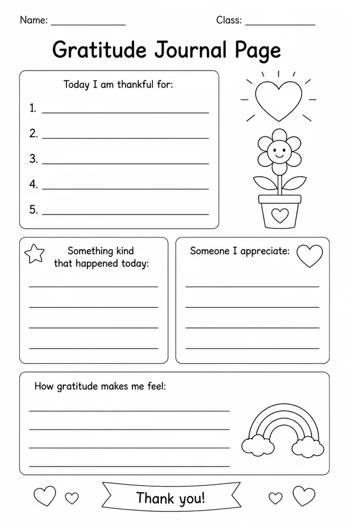 Blank printable gratitude journal page with lined spaces for students to write what they are thankful for, Grades 1–8