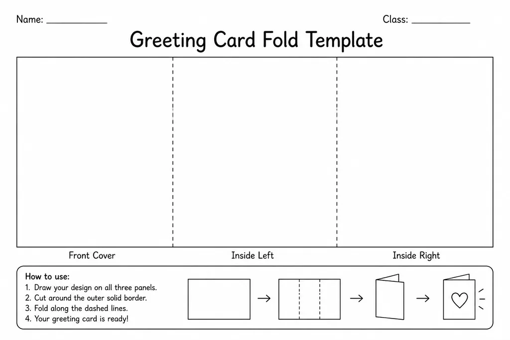 Blank printable greeting card fold template showing a centre fold line dividing the sheet into four labelled panels for cover, message, and back