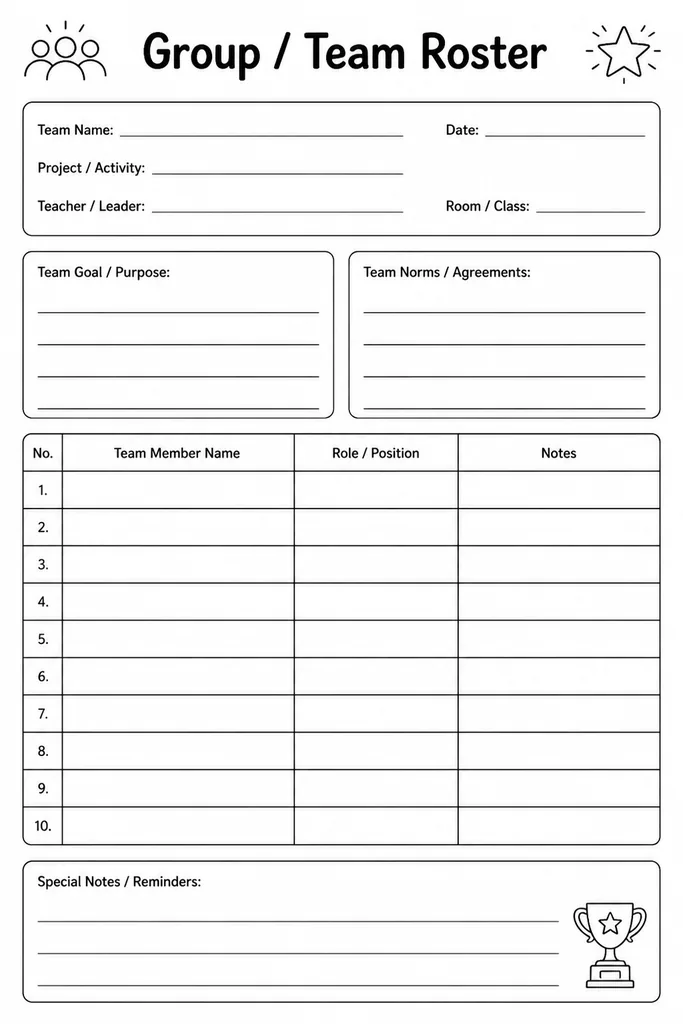 Blank printable group and team roster template with columns for group names and rows for student names, suitable for all grades