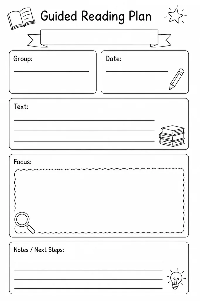 Blank printable guided reading plan template with fields for reading group, text level, teaching focus, and before-during-after prompts