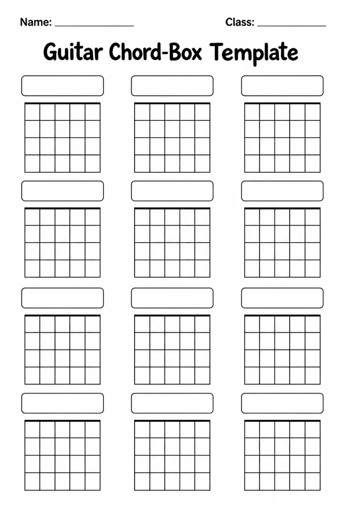 Printable guitar chord-box template showing a grid of blank six-string five-fret chord diagrams on a white page