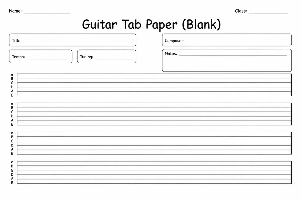 Printable blank guitar tablature paper showing multiple six-line tab grids on a white page ready for fret numbers