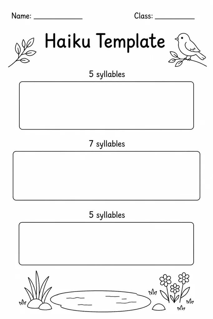 Blank printable haiku template showing three ruled lines labelled with 5, 7, and 5 syllable counts and a small illustration box below