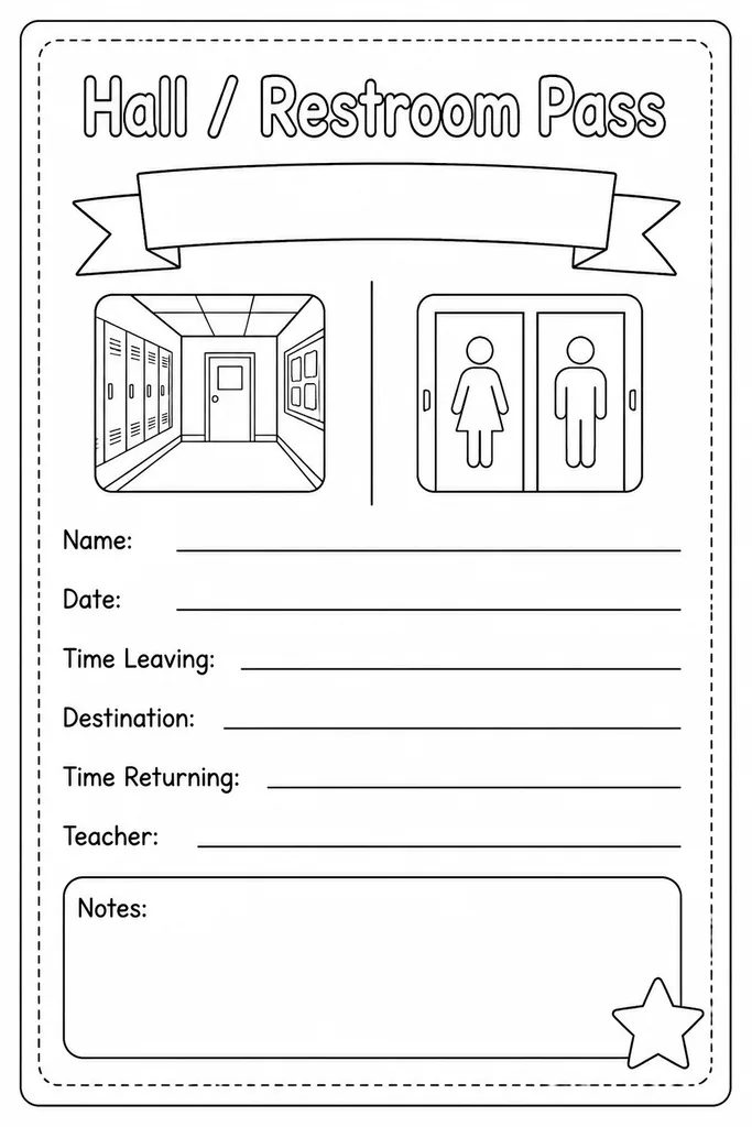 Blank printable hall and restroom passes laid out on a sheet, each with empty fields for teacher name, room number and destination
