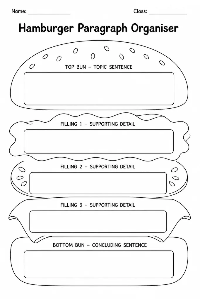 Blank printable hamburger paragraph organiser with top bun for topic sentence, three filling layers for details, and bottom bun for concluding sentence