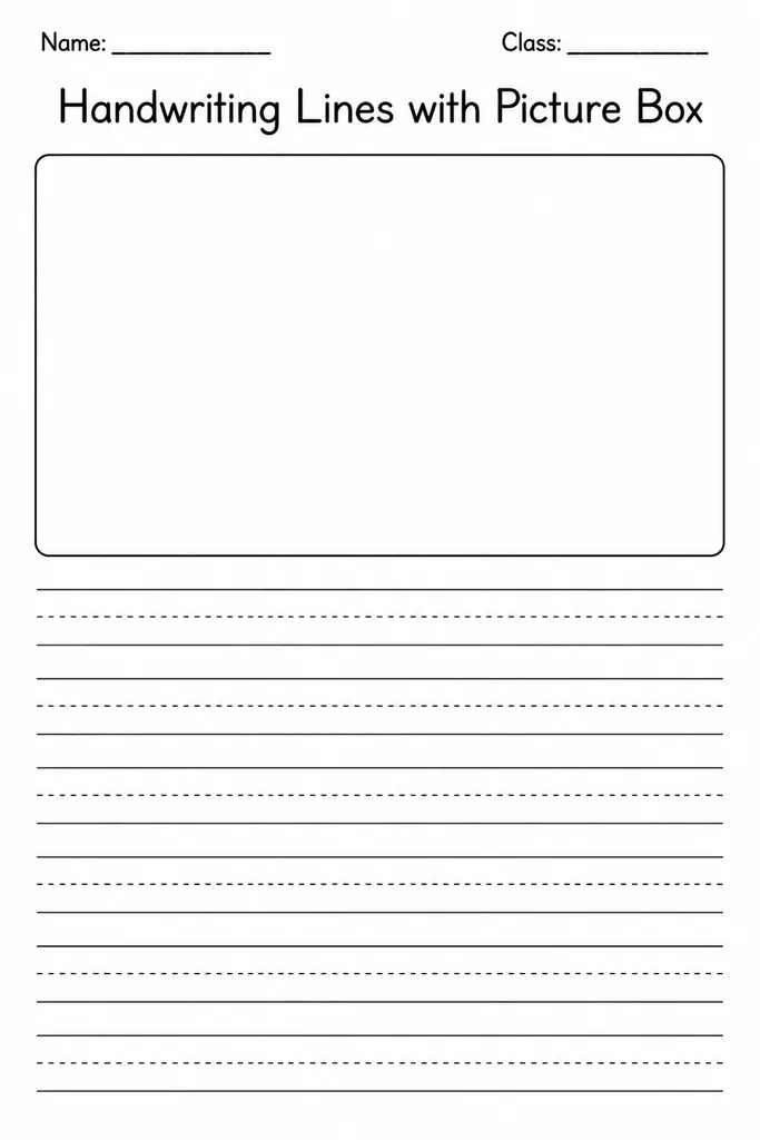 Printable handwriting paper with a large blank picture box at the top and primary solid-dashed-solid guideline rows below for early writers