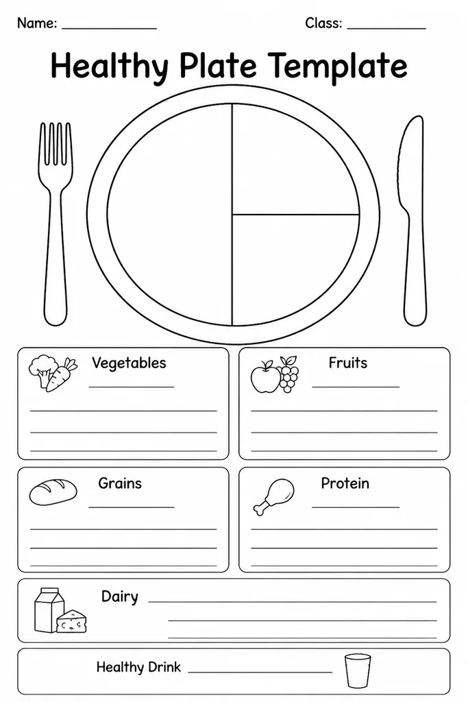 Blank healthy plate template divided into food group sections with space for students to draw or write balanced meal choices