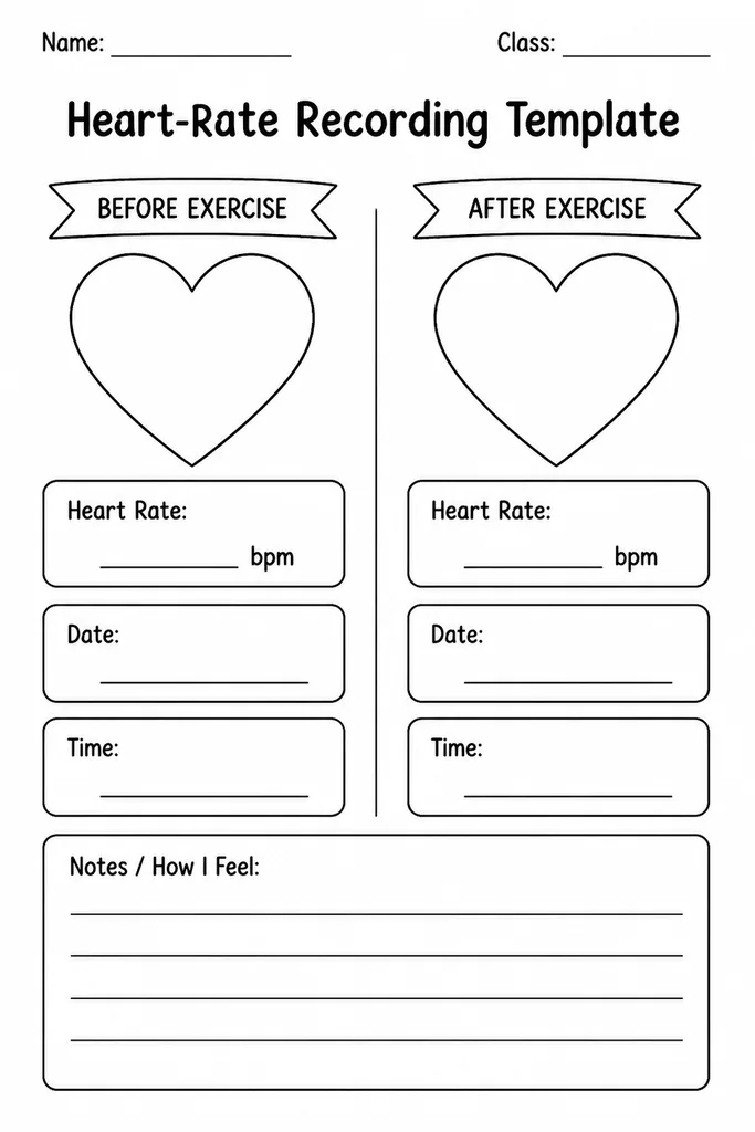 Blank heart-rate recording template showing before and after exercise columns with spaces to log resting and active pulse rates