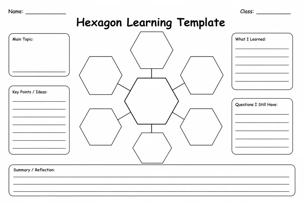 Blank printable hexagon learning template showing a tessellating grid of 24 empty hexagons for concept mapping and idea linking
