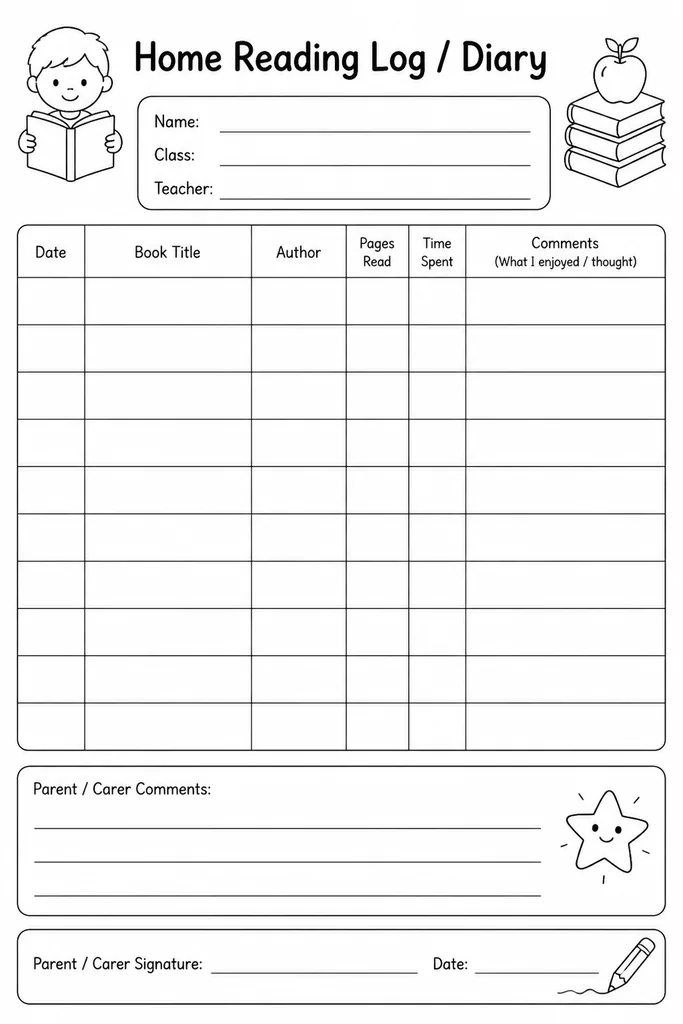 Blank printable home reading log template with columns for date, book title, pages read, and parent signature, on a clean white background