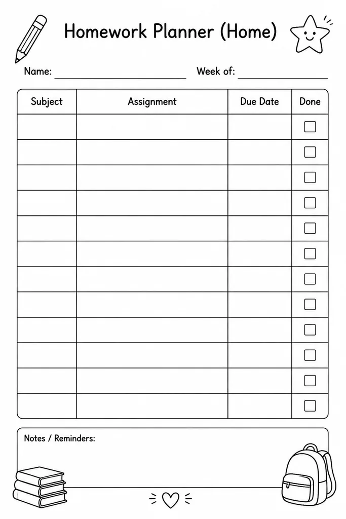 Blank printable home homework planner template with columns for subject, assignment description, due date, and a completion checkbox, on a white background