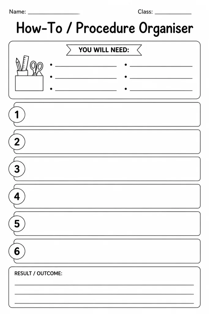 Blank how-to procedure organiser printable with You-Will-Need box and numbered step lines for student writing
