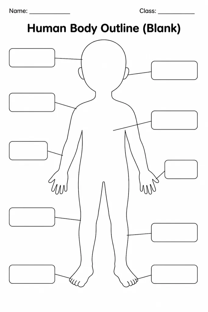 Blank printable human body outline silhouette for students to label organs and body parts, front-facing figure on white background