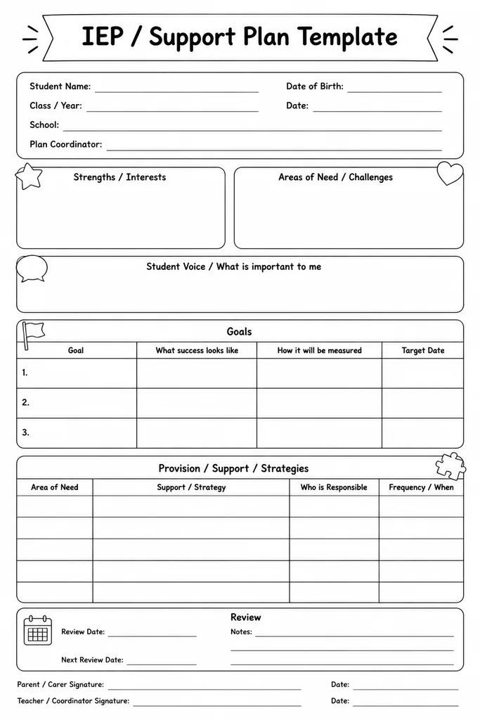 Blank IEP support plan template with sections for student profile, learning goals, adjustments, provisions, responsible staff, and review schedule