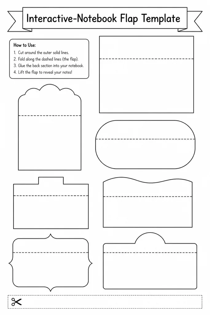 Blank printable interactive notebook flap template with dotted fold line and empty outer flap panels, ready to cut and glue into a composition notebook